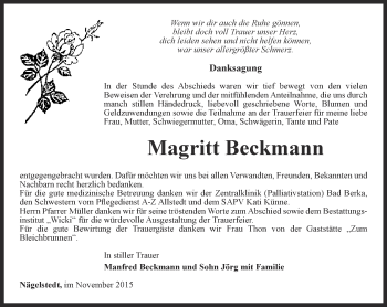 Traueranzeige von Margritt Beckmann von Thüringer Allgemeine, Thüringische Landeszeitung