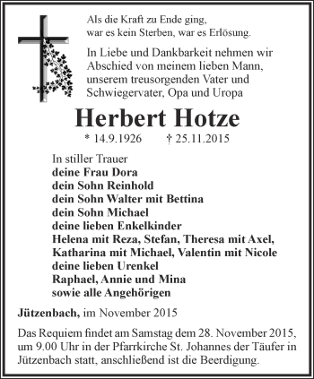 Traueranzeige von Herbert Hotze von Thüringer Allgemeine