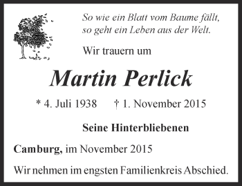 Traueranzeige von Martin Perlick von Ostthüringer Zeitung, Thüringische Landeszeitung