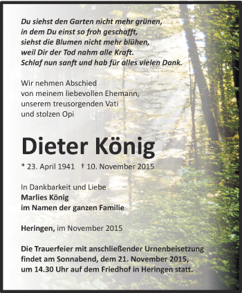 Traueranzeige von Dieter König von Thüringer Allgemeine