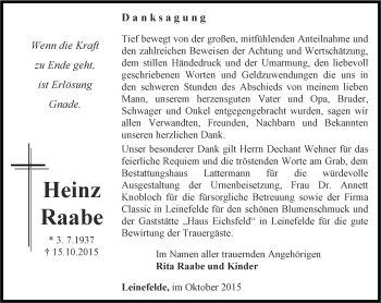 Traueranzeige von Heinz Raabe von Thüringer Allgemeine
