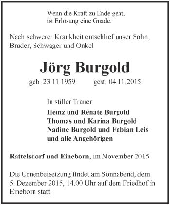 Traueranzeige von Jörg Burgold von Ostthüringer Zeitung