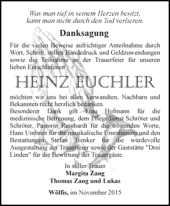 Traueranzeige von Heinz Euchler von Ostthüringer Zeitung, Thüringische Landeszeitung