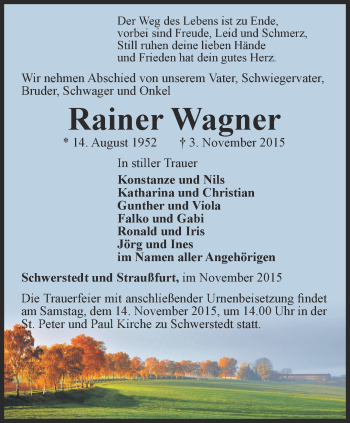 Traueranzeige von Rainer Wagner von Thüringer Allgemeine