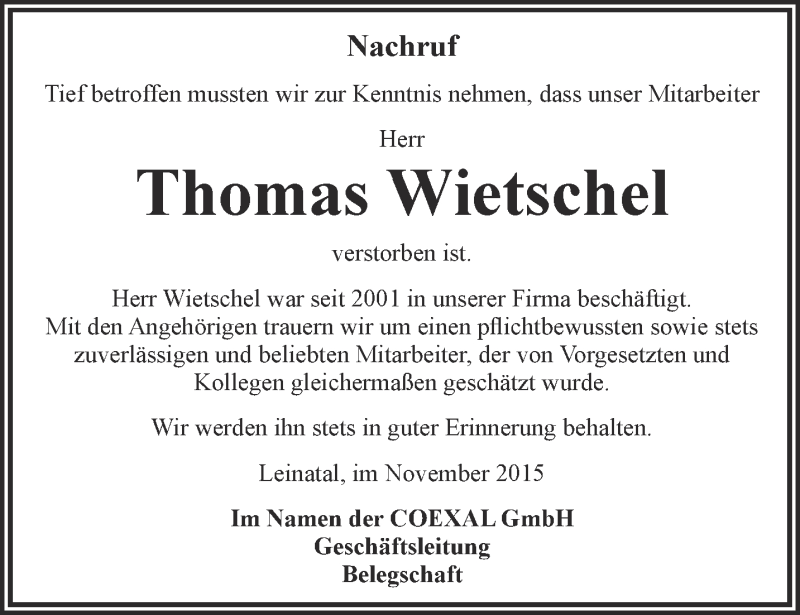  Traueranzeige für Thomas Wietschel vom 12.11.2015 aus Ostthüringer Zeitung, Thüringische Landeszeitung