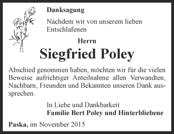Traueranzeige von Siegfried Poley von Ostthüringer Zeitung