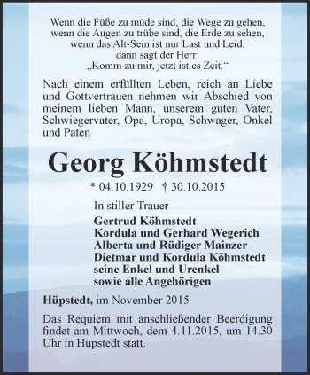 Traueranzeige von Georg Köhmstedt von Thüringer Allgemeine, Thüringische Landeszeitung