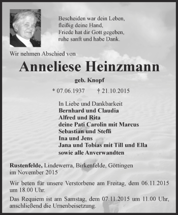 Traueranzeige von Anneliese Heinzmann von Thüringer Allgemeine