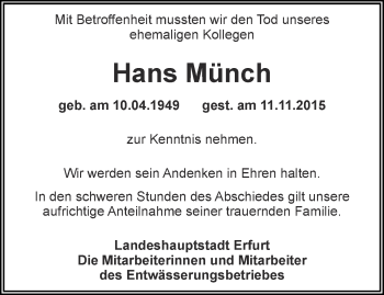 Traueranzeige von Hans Münch von Thüringer Allgemeine, Thüringische Landeszeitung