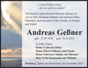 Traueranzeige von Andreas Geßner von Ostthüringer Zeitung