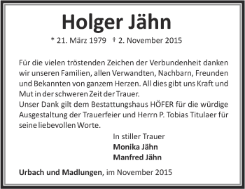 Traueranzeige von Holger Jähn von Thüringer Allgemeine