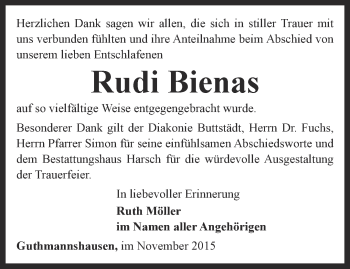 Traueranzeige von Rudi Bienas von Thüringer Allgemeine