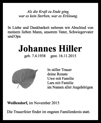 Traueranzeige von Johannes Hiller von Ostthüringer Zeitung