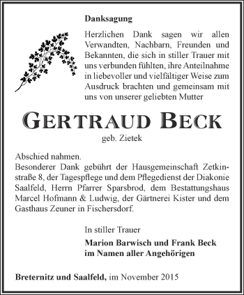 Traueranzeige von Gertraud Beck von Ostthüringer Zeitung