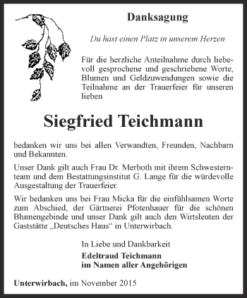 Traueranzeige von Siegfried Teichmann von Ostthüringer Zeitung