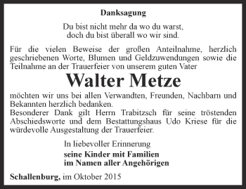 Traueranzeige von Walter Metze von Thüringer Allgemeine