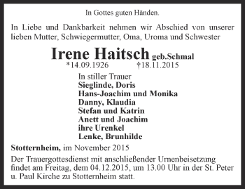 Traueranzeige von Irene Haitsch