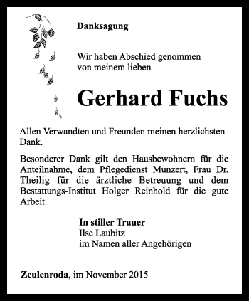 Traueranzeige von Gerhard Fuchs von Ostthüringer Zeitung