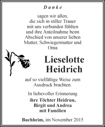 Traueranzeige von Lieselotte Heidrich von Ostthüringer Zeitung