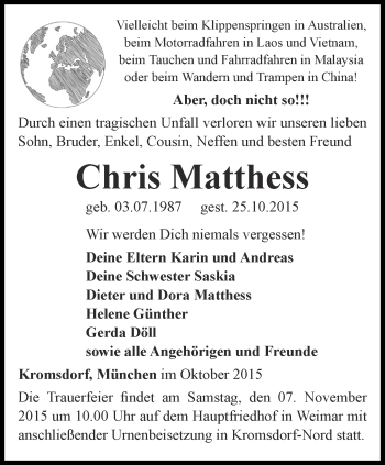 Traueranzeige von Chris Matthess von Thüringer Allgemeine, Thüringische Landeszeitung