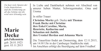 Traueranzeige von Marie Decke von Ostthüringer Zeitung, Thüringische Landeszeitung