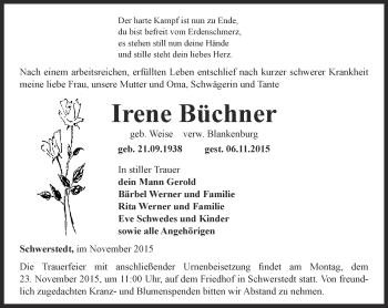 Traueranzeige von Irene Büchner von Thüringer Allgemeine
