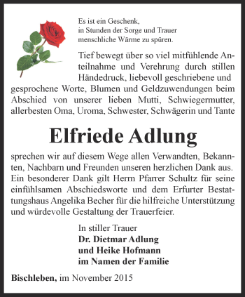 Traueranzeige von Elfriede Adlung von Thüringer Allgemeine, Thüringische Landeszeitung