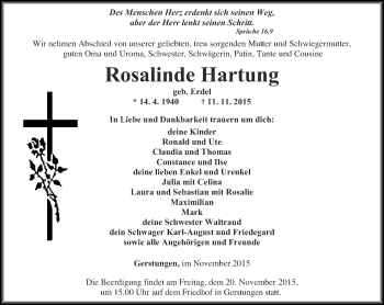 Traueranzeige von Rosalinde Hartung von Thüringer Allgemeine, Thüringische Landeszeitung