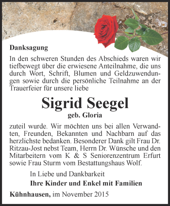 Traueranzeige von Sigrid Seegel von Thüringer Allgemeine, Thüringische Landeszeitung