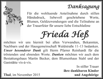 Traueranzeige von Frieda Heß von Thüringer Allgemeine, Thüringische Landeszeitung