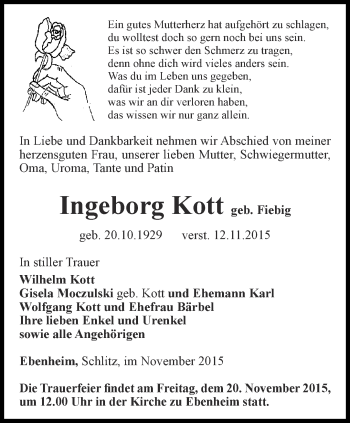 Traueranzeige von Ingeborg Kott von Ostthüringer Zeitung, Thüringische Landeszeitung