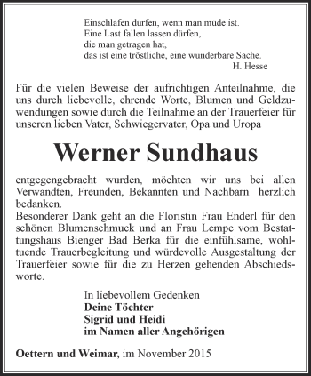 Traueranzeige von Werner Sundhaus von Thüringer Allgemeine, Thüringische Landeszeitung