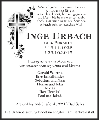 Traueranzeige von Inge Urbach von Thüringer Allgemeine, Thüringische Landeszeitung