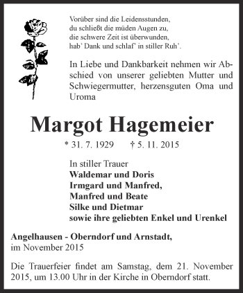 Traueranzeige von Margot Hagemeier von Thüringer Allgemeine