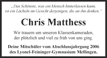 Traueranzeige von Chris Matthess von Thüringer Allgemeine, Thüringische Landeszeitung