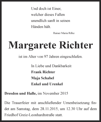 Traueranzeige von Margarete Richter von Ostthüringer Zeitung