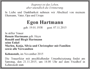 Traueranzeige von Egon Hartmann von Thüringer Allgemeine