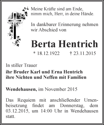 Traueranzeige von Berta Hentrich von Thüringer Allgemeine, Thüringische Landeszeitung