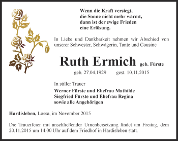 Traueranzeige von Ruth Ermich von Thüringer Allgemeine