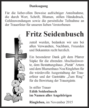 Traueranzeige von Fritz Seidenbusch von Thüringer Allgemeine