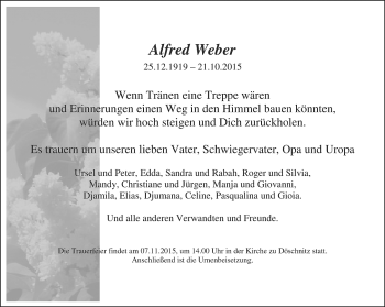 Traueranzeige von Alfred Weber von Ostthüringer Zeitung