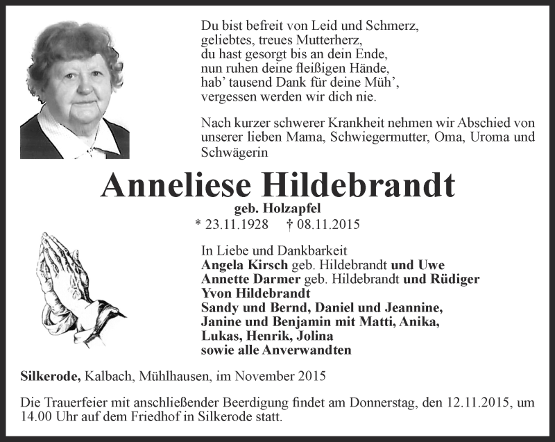  Traueranzeige für Anneliese Hildebrandt vom 10.11.2015 aus Thüringer Allgemeine