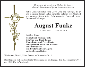 Traueranzeige von August Funke von Thüringer Allgemeine