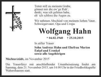 Traueranzeige von Wolfgang Hahn von Ostthüringer Zeitung, Thüringische Landeszeitung