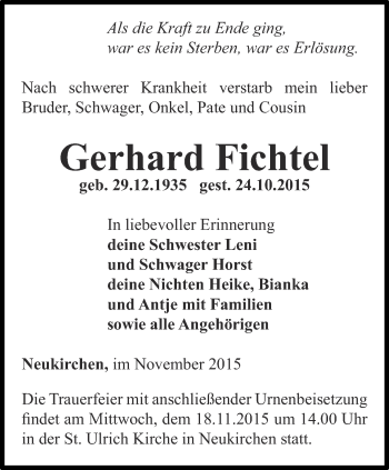 Traueranzeige von Gerhard Fichtel von Thüringer Allgemeine, Thüringische Landeszeitung