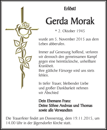 Traueranzeige von Gerda Morak von Ostthüringer Zeitung, Thüringische Landeszeitung