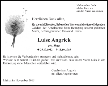 Traueranzeige von Luise Angrick von Ostthüringer Zeitung