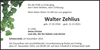 Traueranzeige von Walter Zehlius von Thüringer Allgemeine