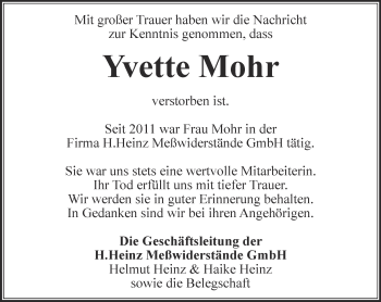 Traueranzeige von Yvette Mohr von Thüringer Allgemeine