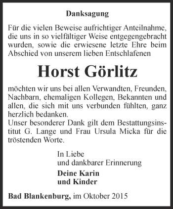 Traueranzeige von Horst Görlitz von Ostthüringer Zeitung